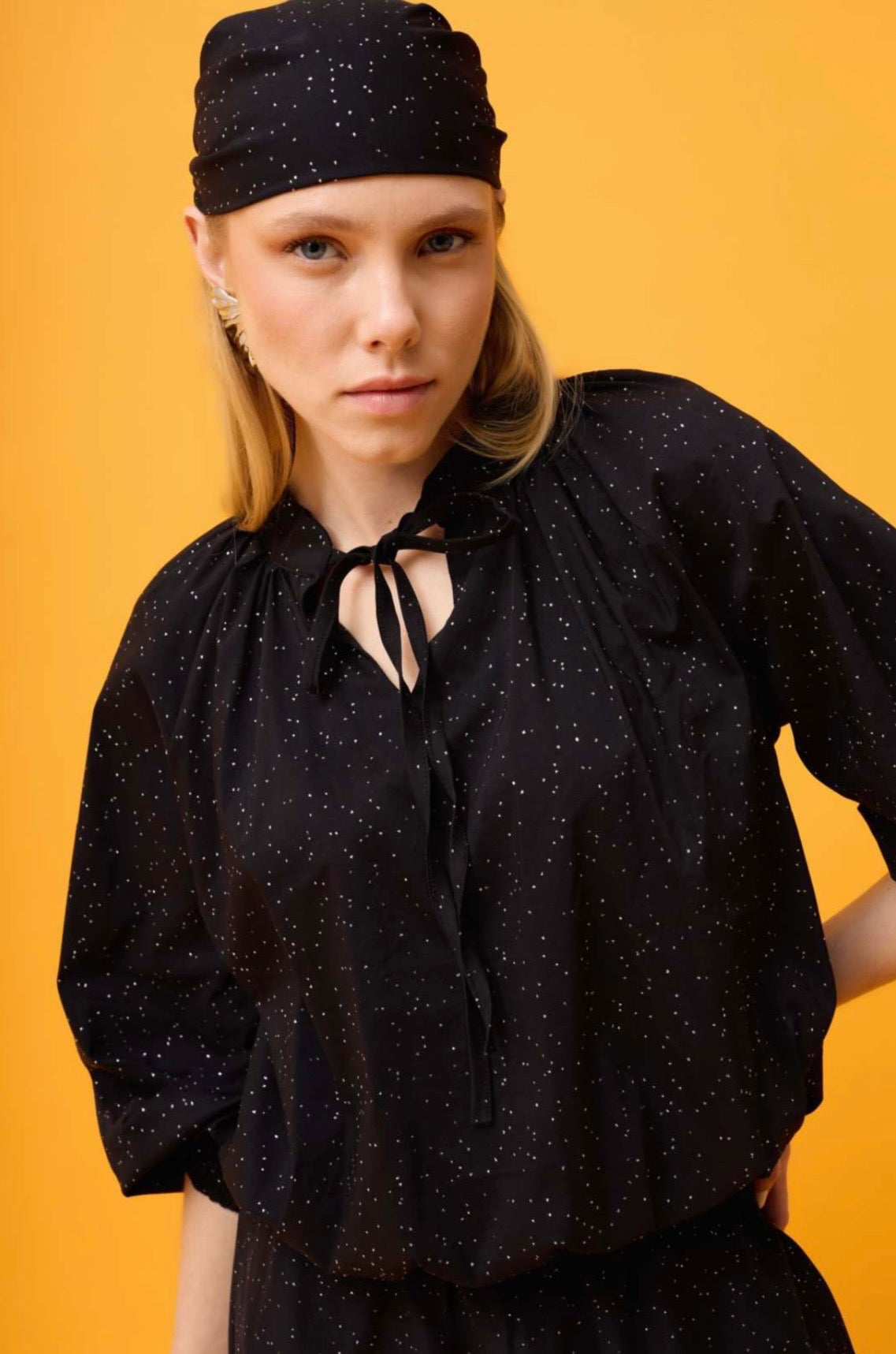 Micro-Dot Print Blouse and Midi Skirt Co-ord Set