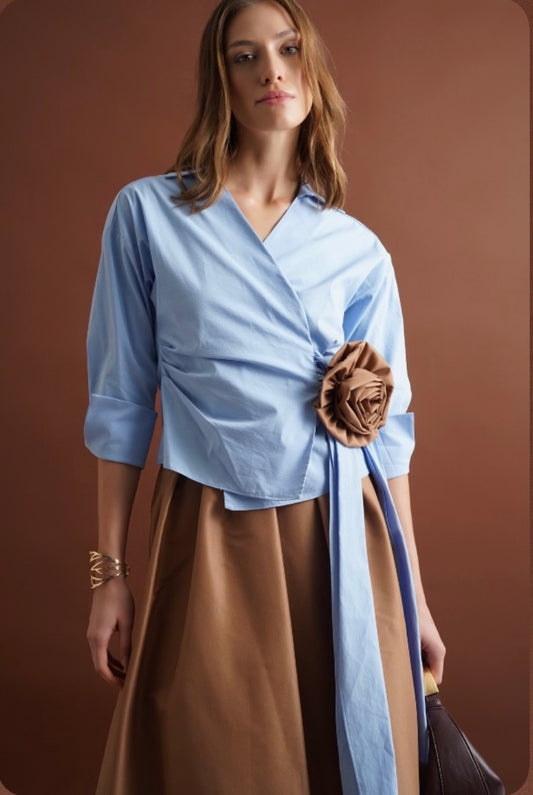Blue Shirt with Sculptural Flower Detail