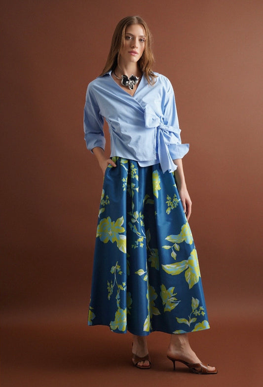 Teal Floral Print Voluminous Midi Skirt