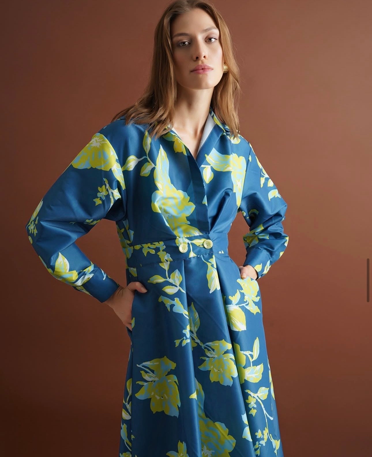 Teal Floral Print Button-Down Midi Shirtdress