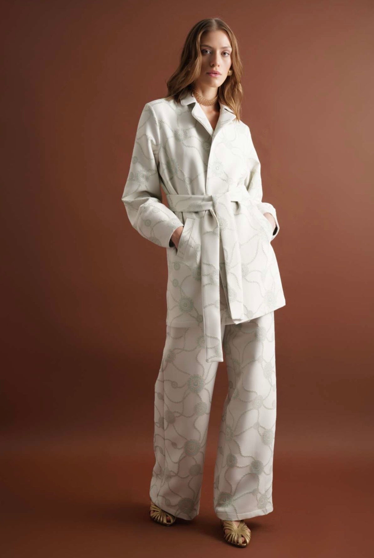 Green Floral Pattern Belted Suit