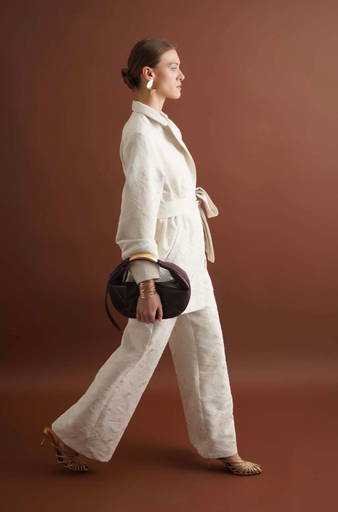 Cream Tonal Pattern Belted Suit