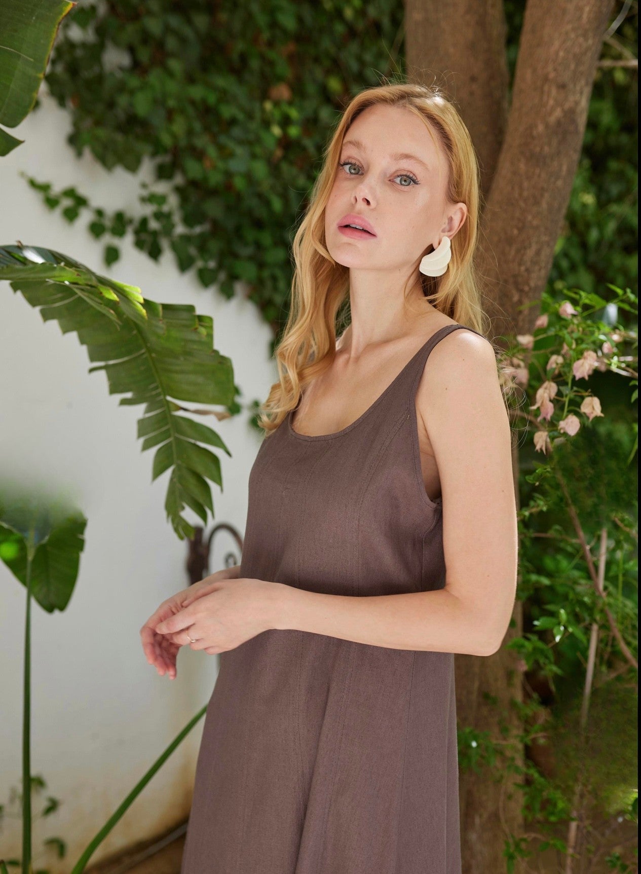 Linen Brown Blend Midi Dress
