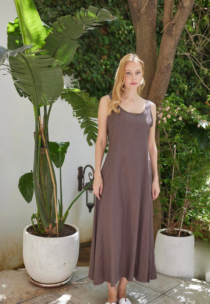 Linen Brown Blend Midi Dress