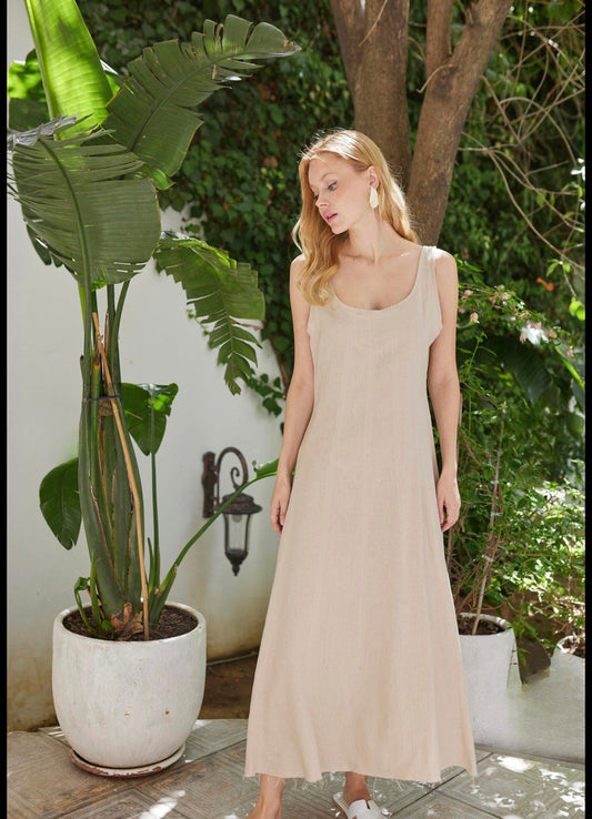 Linen Beige Blend Midi Dress