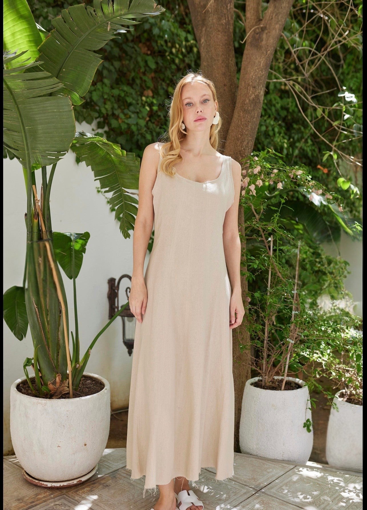 Linen Beige Blend Midi Dress