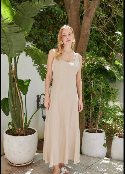 Linen Beige Blend Midi Dress