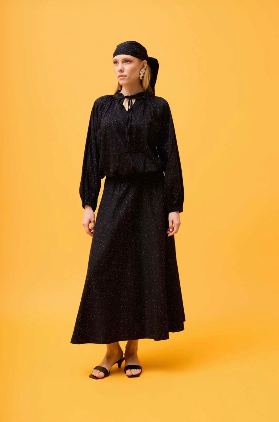 Micro-Dot Print Blouse and Midi Skirt Co-ord Set