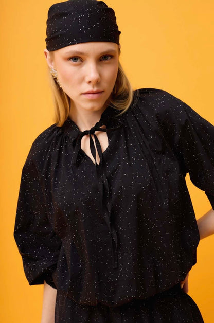 Micro-Dot Print Blouse and Midi Skirt Co-ord Set