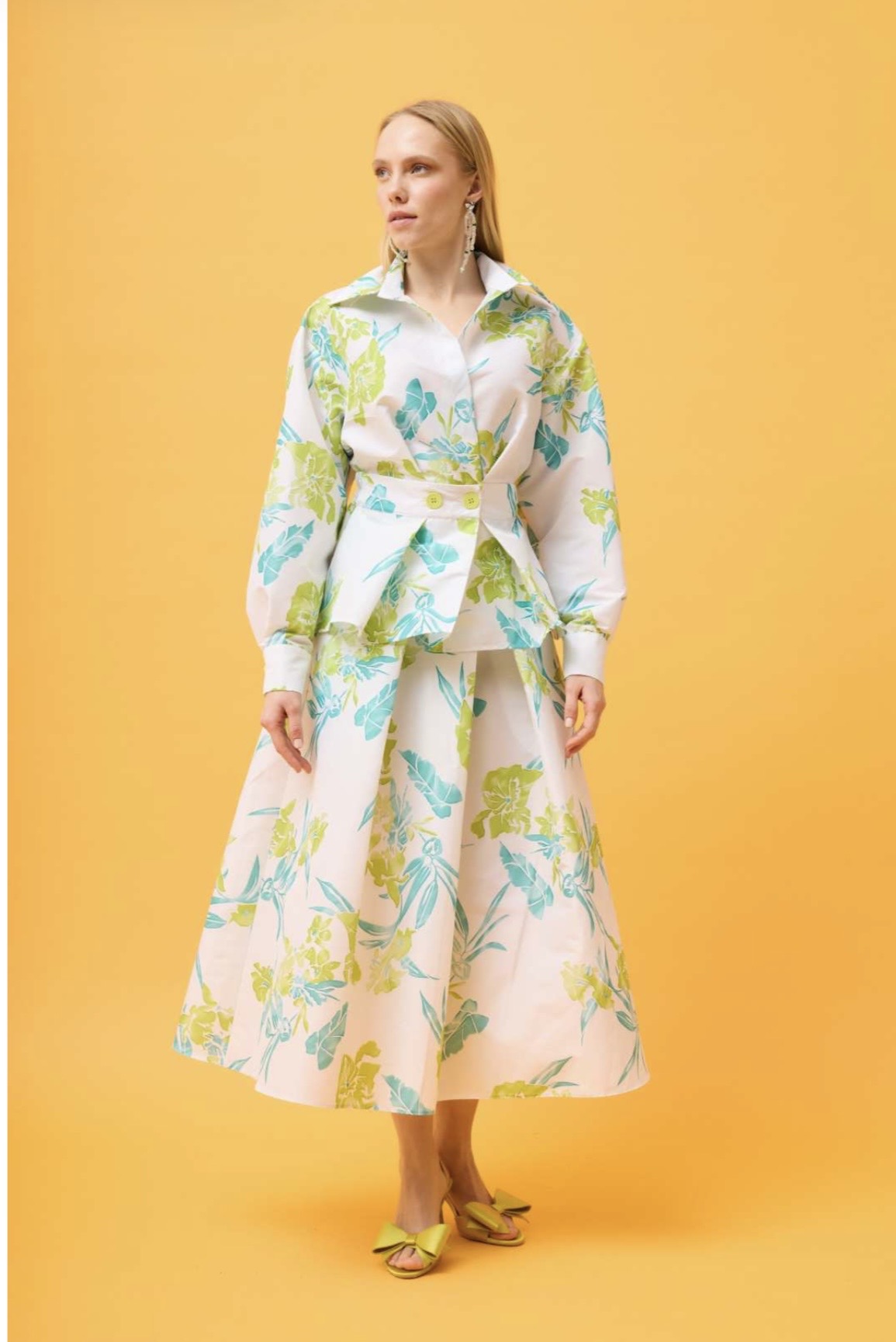 Tropical Floral Print Peplum Shirt & Midi Skirt Co-ord Set