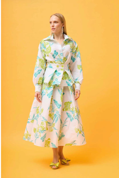 Tropical Floral Print Peplum Shirt & Midi Skirt Co-ord Set