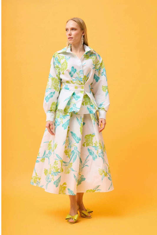 Tropical Floral Print Peplum Shirt & Midi Skirt Co-ord Set