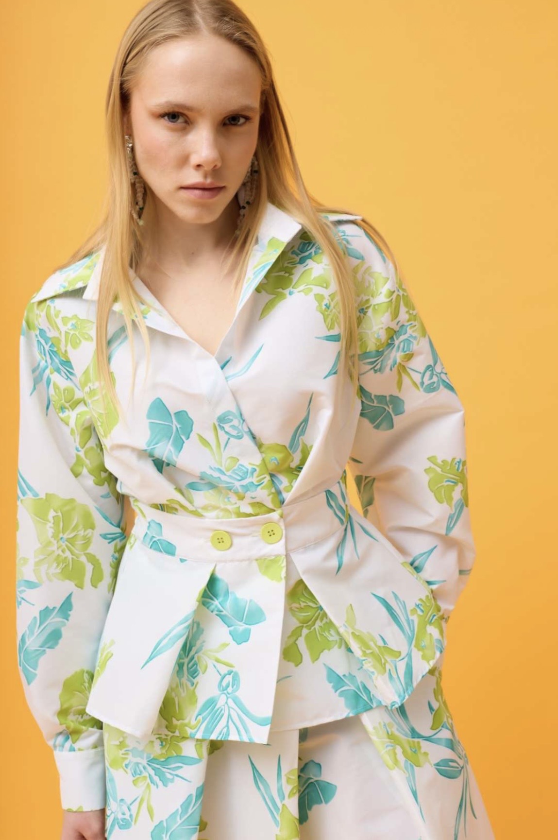 Tropical Floral Print Peplum Shirt & Midi Skirt Co-ord Set