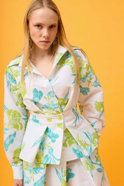 Tropical Floral Print Peplum Shirt & Midi Skirt Co-ord Set