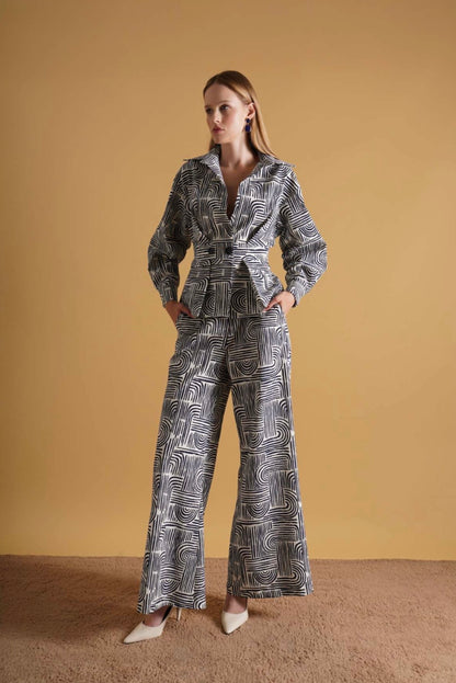 Graphic Print Wrap Blouse & Wide-Leg Trousers Co-ord Set