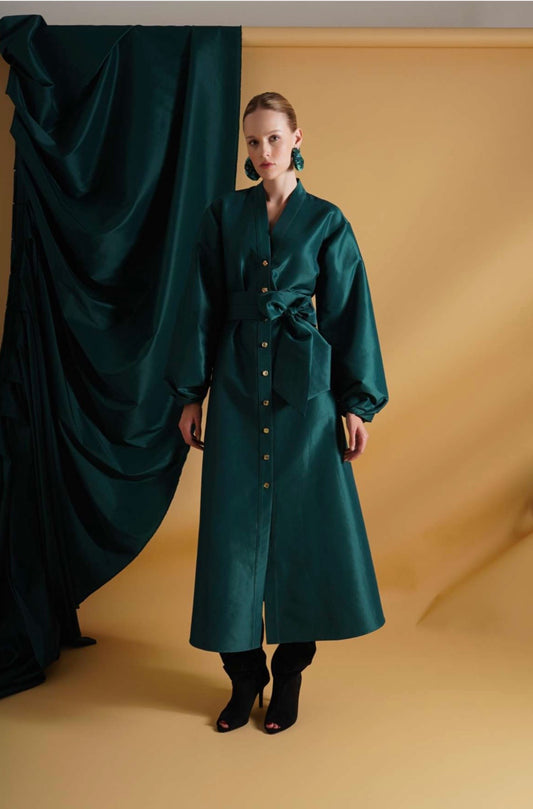 Emerald Green Satin Midi Coat Dress with Tie Belt