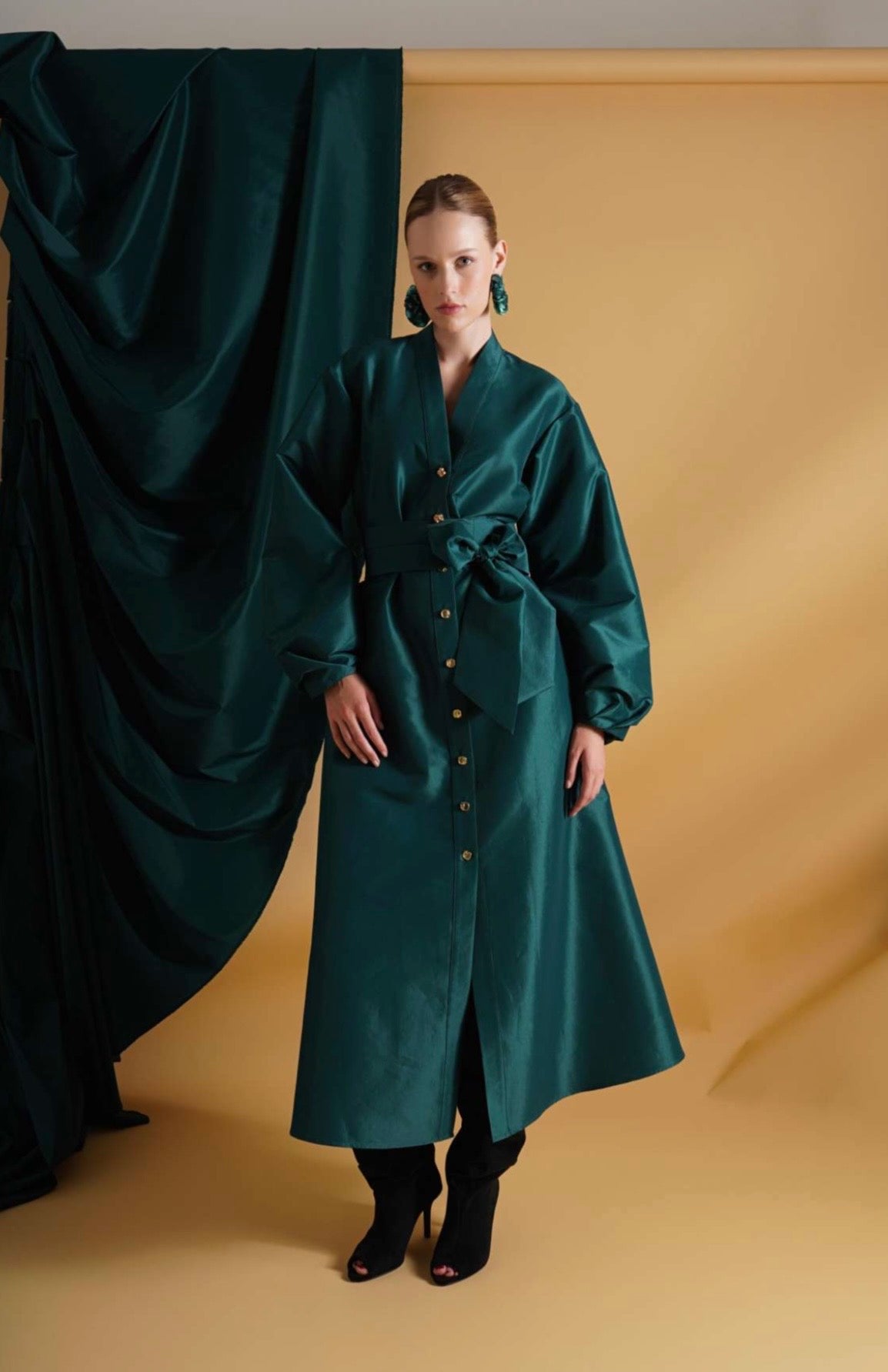 Emerald Green Satin Midi Coat Dress with Tie Belt