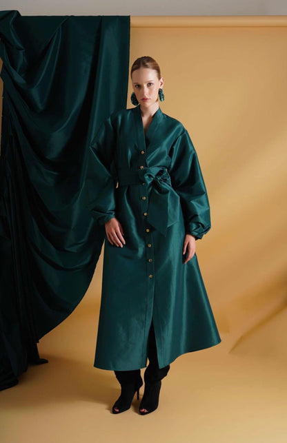 Emerald Green Satin Midi Coat Dress with Tie Belt