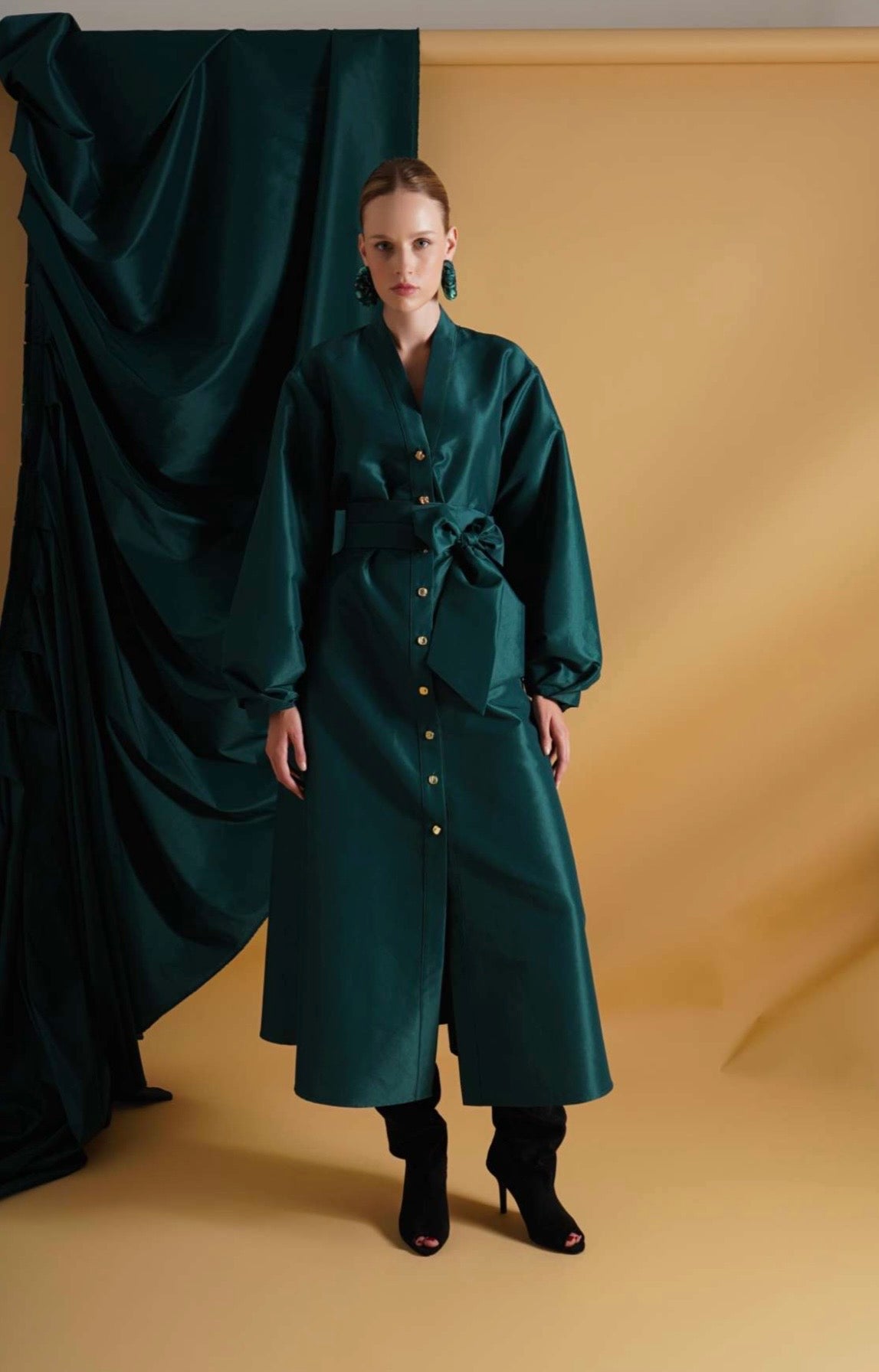 Emerald Green Satin Midi Coat Dress with Tie Belt