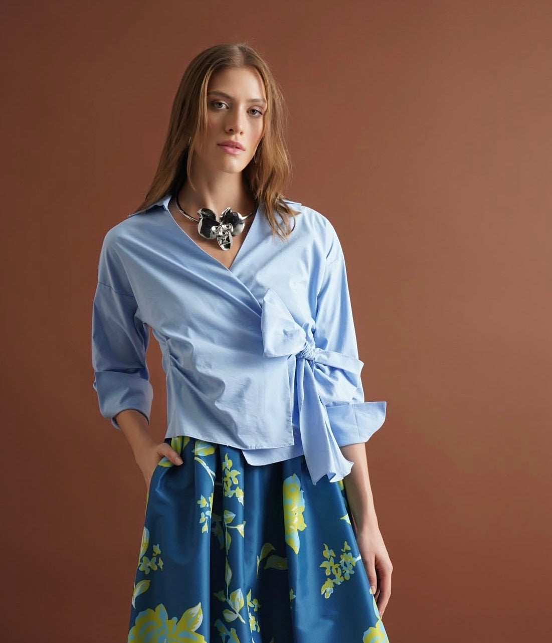 Sky Blue Cotton Wrap Blouse with Side Tie