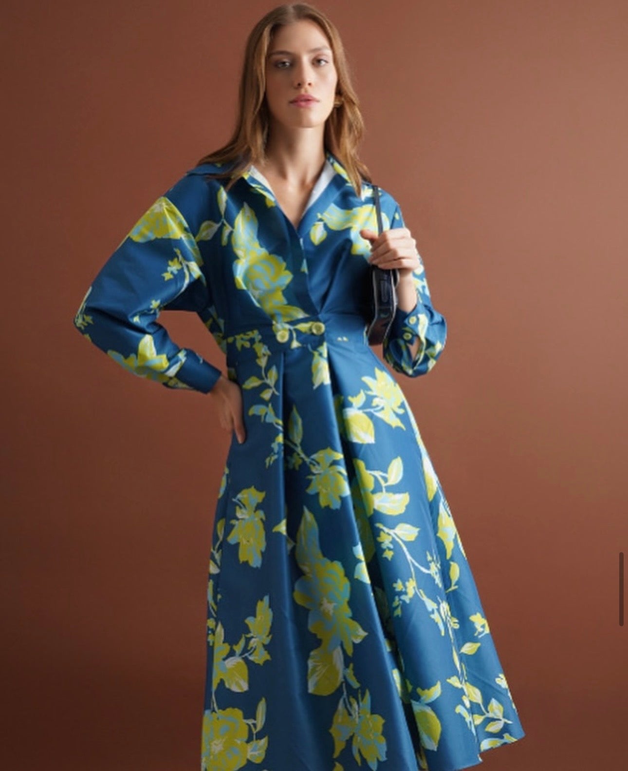 Teal Floral Print Button-Down Midi Shirtdress