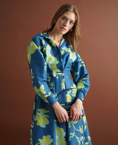 Teal Floral Print Button-Down Midi Shirtdress