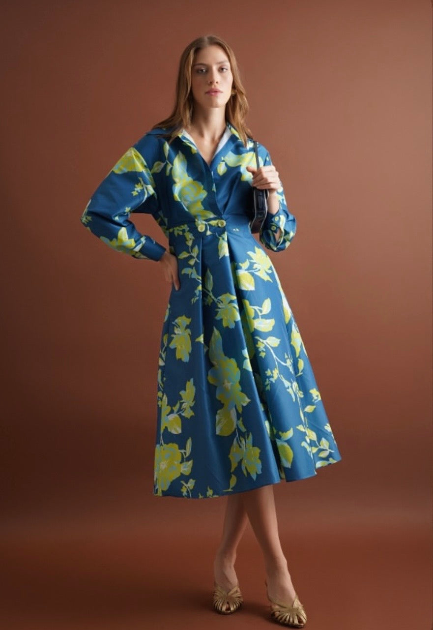 Teal Floral Print Button-Down Midi Shirtdress