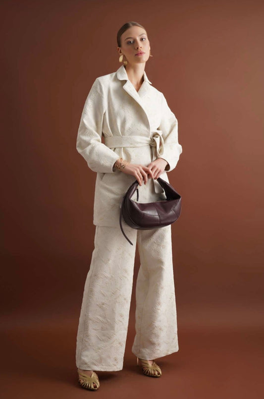 Cream Tonal Pattern Belted Suit
