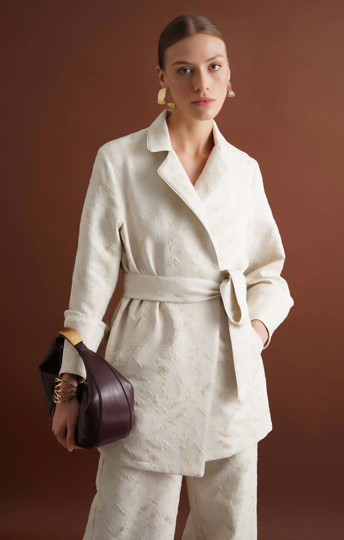 Cream Tonal Pattern Belted Suit