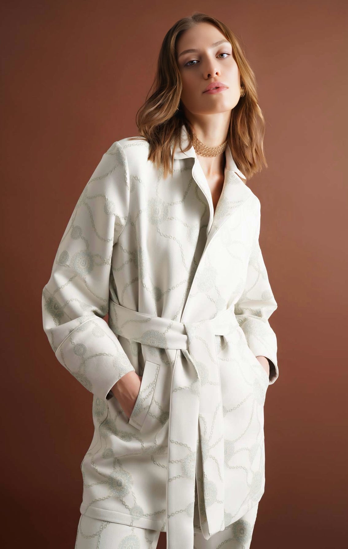 Green Floral Pattern Belted Suit