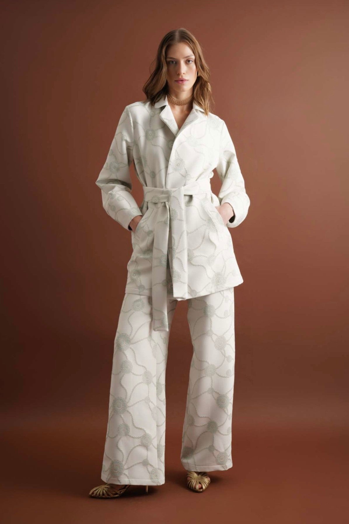 Green Floral Pattern Belted Suit