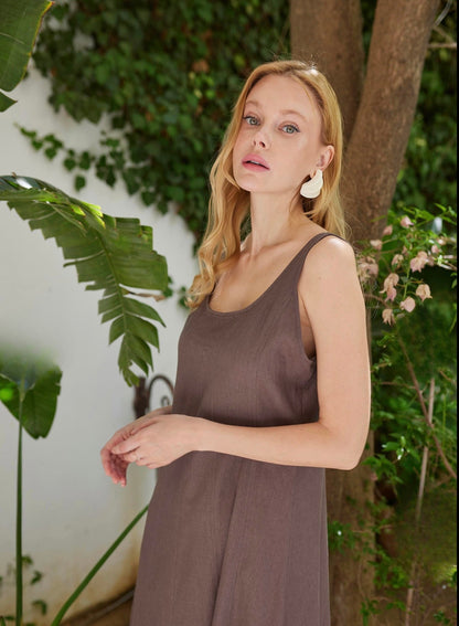 Linen Brown Blend Midi Dress